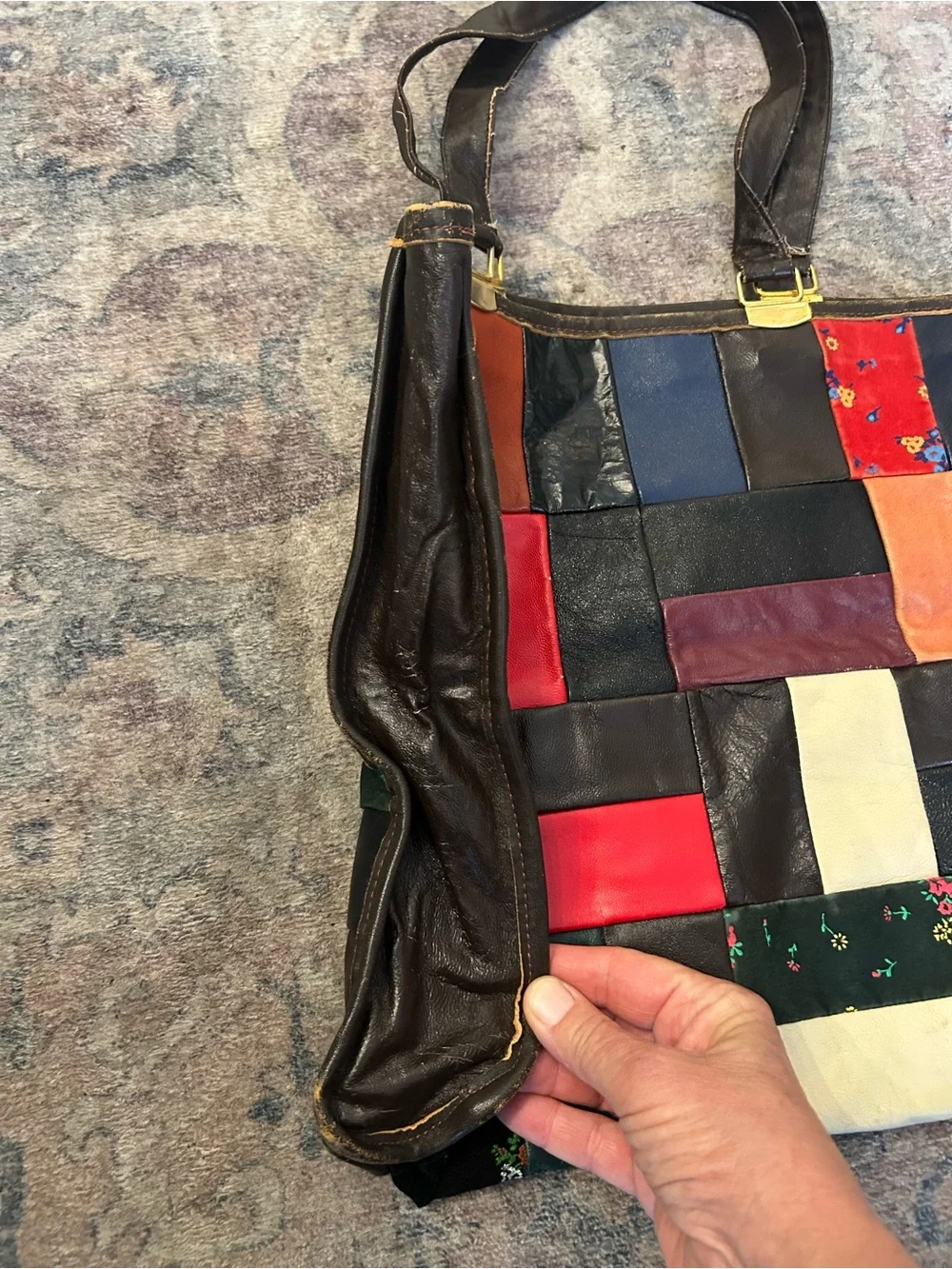 Vintage Made in Italy Patchwork Leather Tote Bag  70s for Sears multi color